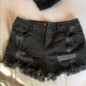 Black Distressed High Waisted Shorts